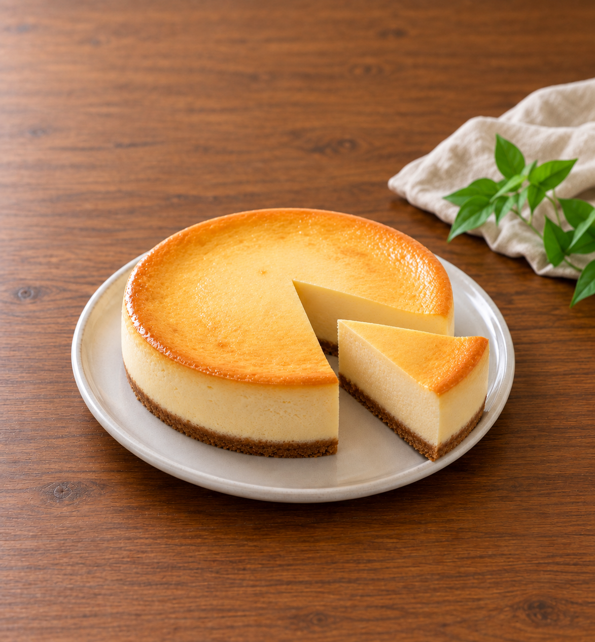 木のテーブルに置いたベイクドチーズケーキと切り分けたひと切れ