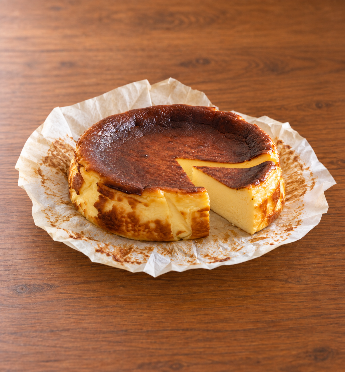 木のテーブルに置いたバスクチーズケーキと切り分けたひと切れ