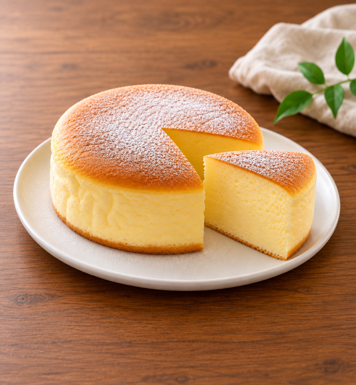木のテーブルに置いたスフレチーズケーキと切り分けたひと切れ